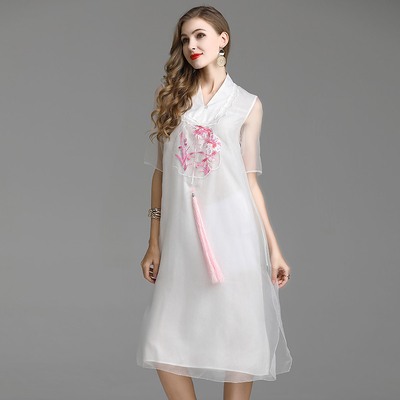安娜滕欧根纱刺绣新中式连衣裙夏