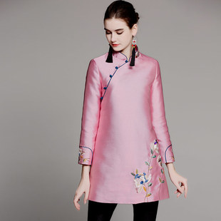 新中式上衣女春秋安娜滕复古国风刺绣中长款立领盘扣长袖旗袍外套