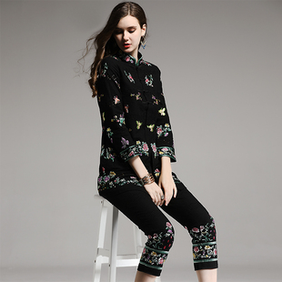 中国风女装两件套装复古文艺刺绣大码对襟中式盘扣上衣裤子民族风