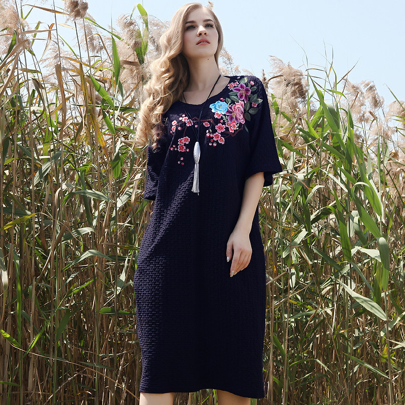 中国风连衣裙夏复古棉麻刺绣中长大码宽松轻奢高级感新中式袍子裙