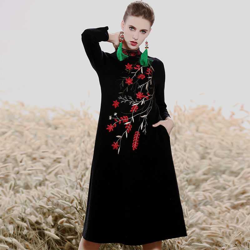 秋冬复古女装刺绣大码针织连衣裙