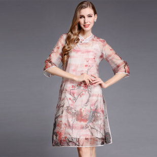 清仓 真丝欧根纱改良旗袍裙特价 新中式 连衣裙安娜滕国风水墨画大码
