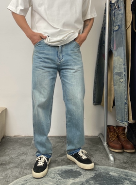 男士水洗磨白牛仔裤蓝色宽松直筒裤复古做旧高街牛仔裤长裤 2007