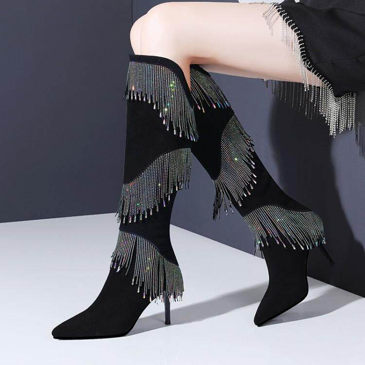 秋冬季尖头磨砂羊翻皮钻石流苏长靴子细跟高跟鞋真皮高筒靴女鞋子