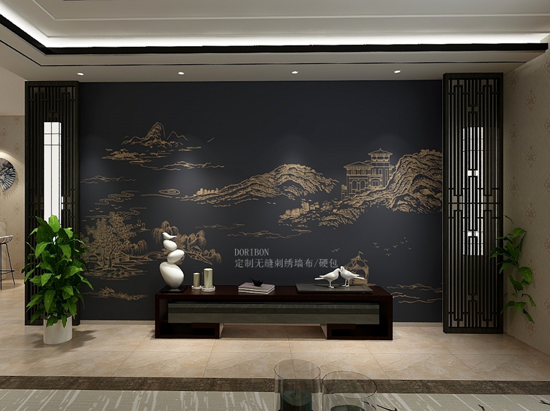 现代中式仙鹤荷花鸟无缝刺绣墙布高端独秀壁画电视背景墙玄关壁布