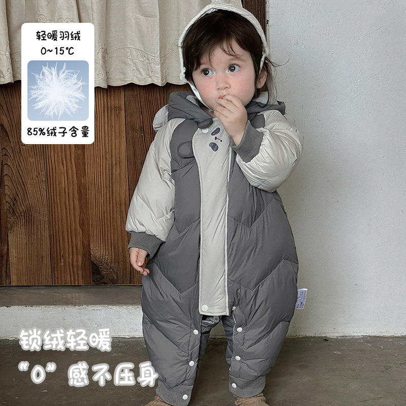 宝宝羽绒连体衣秋冬新款男童卡通白鸭绒连帽哈衣婴儿保暖爬服 a类