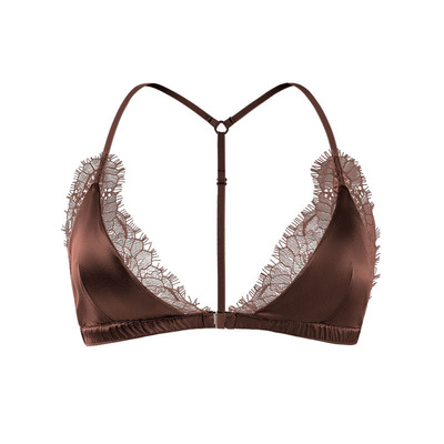 真丝三角杯前扣文胸 桑蚕丝法式睫毛蕾丝V领交叉美背内衣