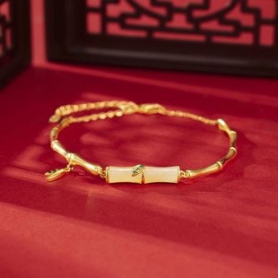 有你竹够和田玉手链s925纯银镀黄金色新版竹节半镯手饰轻奢高级感