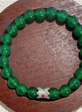S925纯银新款8mm天然冰种绿玉髓手串翡翠帝王绿色玛瑙手饰手链女