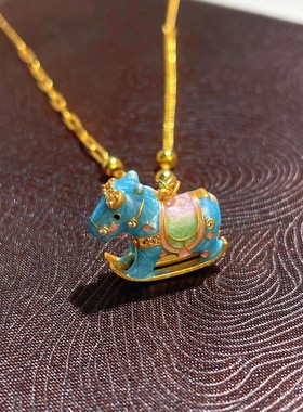 s925纯银镀金色新款珐琅彩色摇摇木马项链时尚国潮小马子锁骨链女