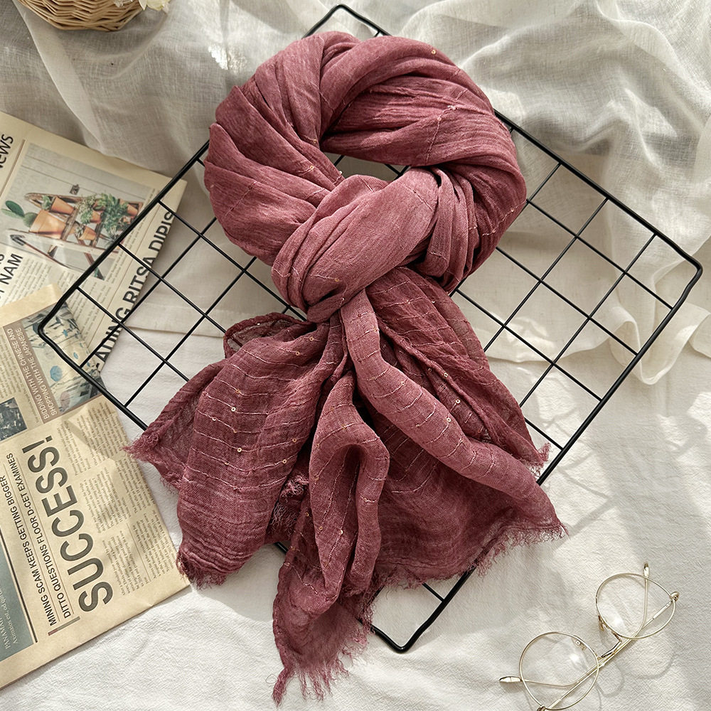 高端简约款外贸亮片纯色棉麻围巾春秋薄男女围脖脏染长方形包头巾