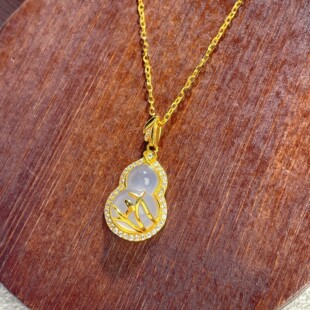 s925纯银镀黄金色竹叶葫芦吊坠项链天然玉石高冰种玉髓福禄锁骨链