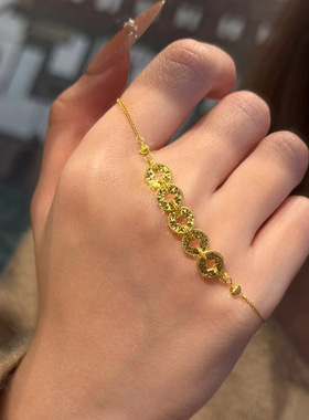 S925纯银镀黄金色钱多多五帝币手链碎冰冰手串轻奢国潮风手饰女生