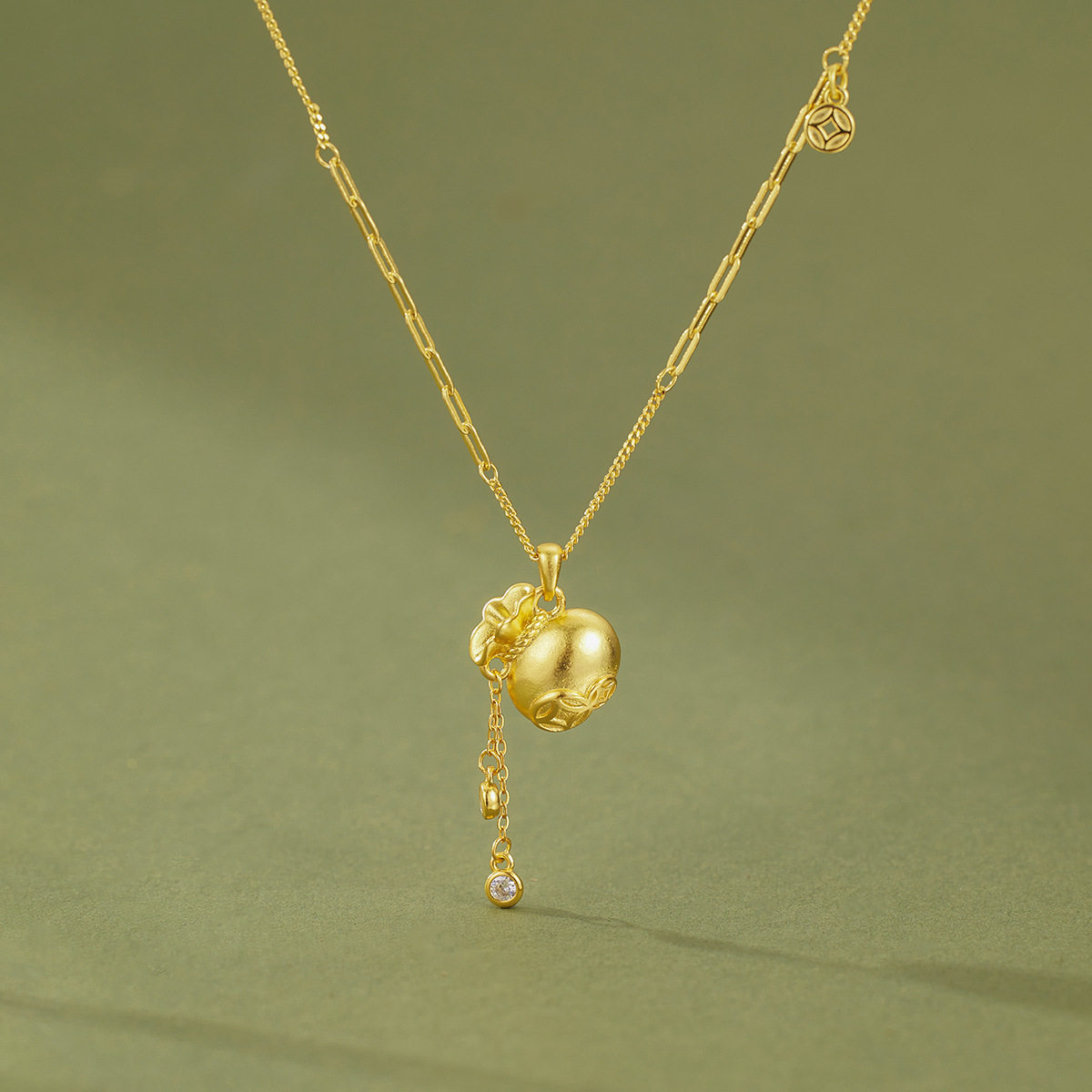 国潮钱币项链s925纯银镀黄金色首饰钱袋子流苏福袋女锁骨链套链子