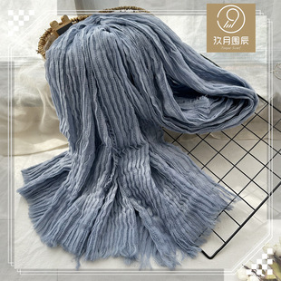 欧美风棉麻围巾春秋冬大尺寸双面纯色皱褶纯色披肩外贸女男士围脖