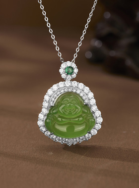s925纯银首饰新款镶嵌天然绿玉髓佛公吊坠项链翡翠绿色弥勒佛颈饰