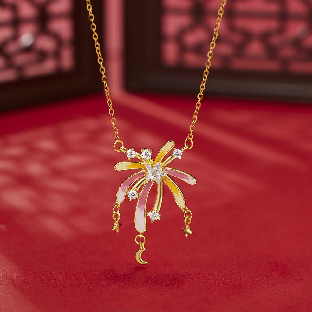 s925纯银镀黄金色新款璀璨珐琅彩烟花项链女创意流苏星星月亮锁骨