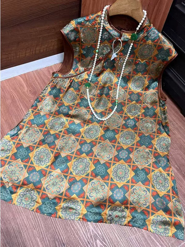 新中式国风年轻款人丝几何印花旗袍立领斜襟显瘦高级感中长款马甲