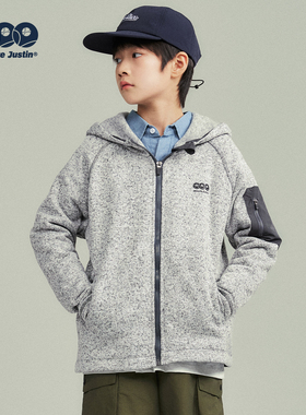 JUSTIN儿童山系户外风中间层加绒连帽绒衫男孩帅气保暖开衫外套