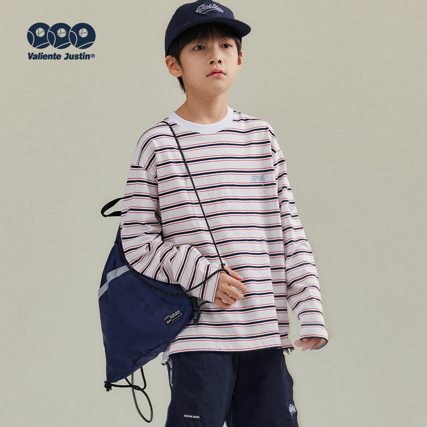 JUSTIN童装春季男孩Cityboy条纹纯棉少年感清爽开叉长袖圆领T恤