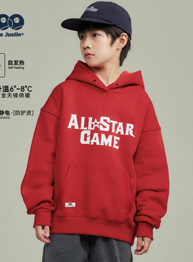 JUSTIN儿童冬季加绒连帽印花套头卫衣男孩新年圣诞红色拜年上衣