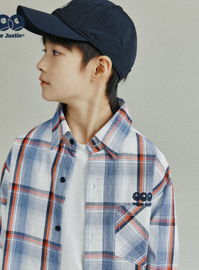 JUSTIN童装儿童纯棉红格子City boy休闲宽松打底翻领衬衫男孩上衣