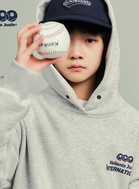 JUSTIN童装冬季加绒保暖儿童连帽套头卫衣男孩少年感印花打底上衣