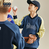 JUSTIN童装 复古毛圈宽松卫衣少年感 中大童拼色春秋v领套头美式