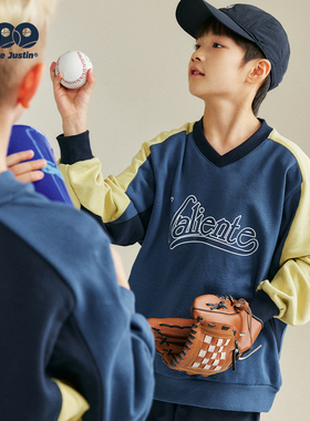 JUSTIN童装中大童拼色春秋v领套头美式复古毛圈宽松卫衣少年感