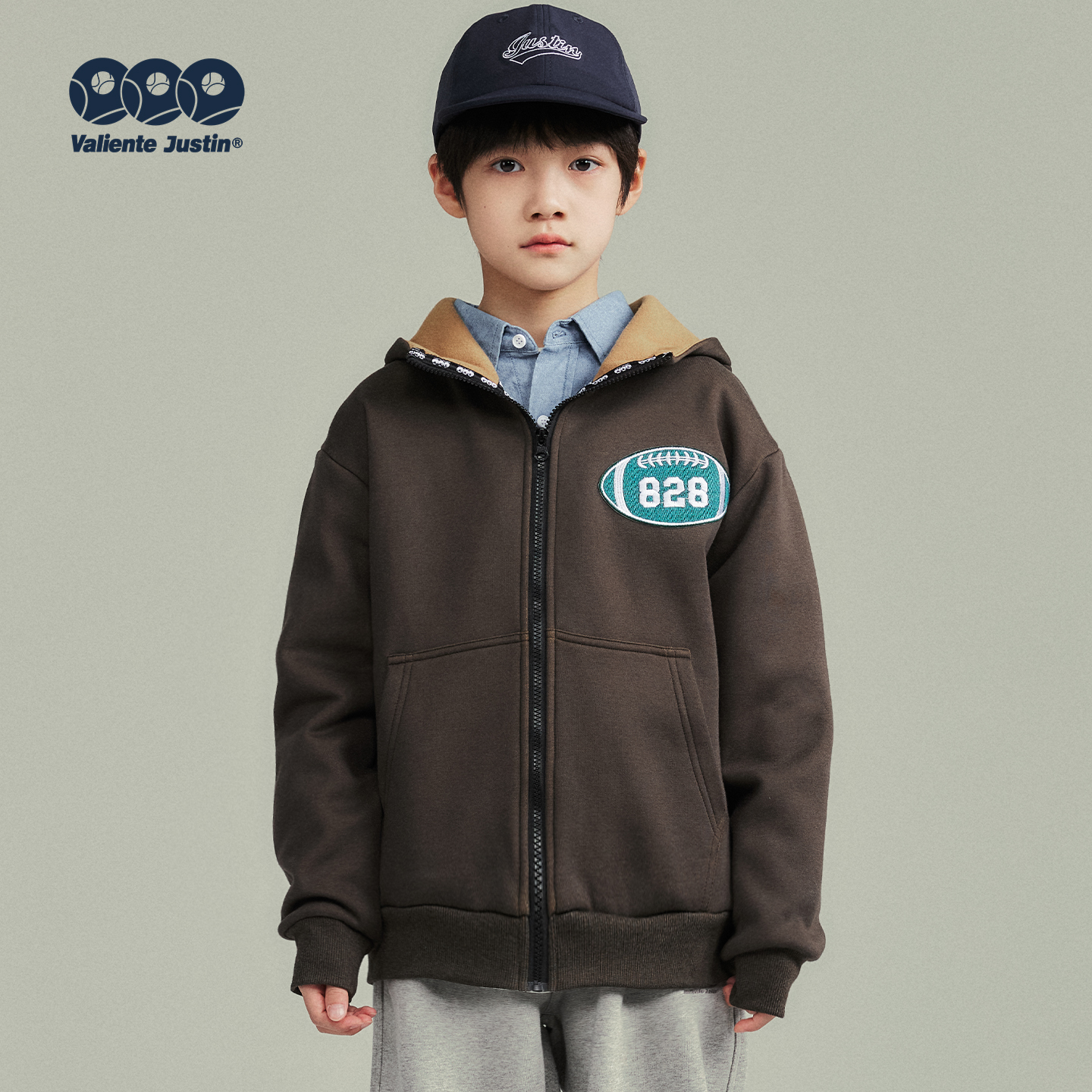 JUSTIN儿童加绒撞色连帽卫衣外套