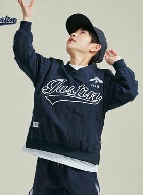 JUSTIN童装25春秋v领卫衣中大童男孩棉感尼龙训练衫运动宽松长袖
