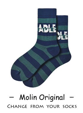 深蓝色adle字母中筒袜女潮ins粗条纹拼接日系街头百搭休闲长袜男