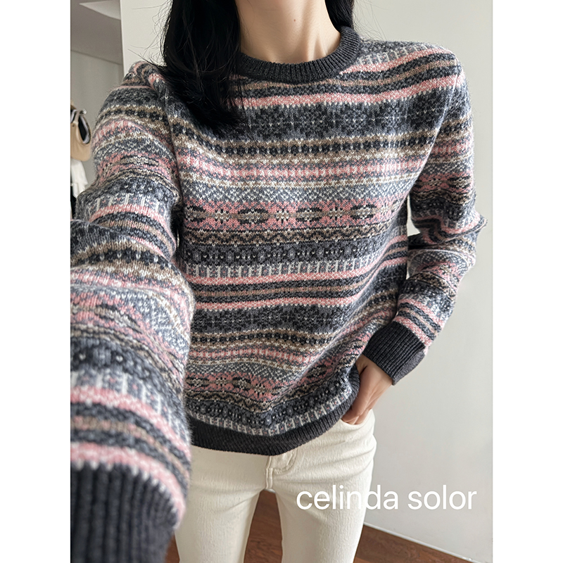 娇阳 文艺氛围女神！厚款大克重保暖 100%羊毛 费尔岛灰粉色毛衣