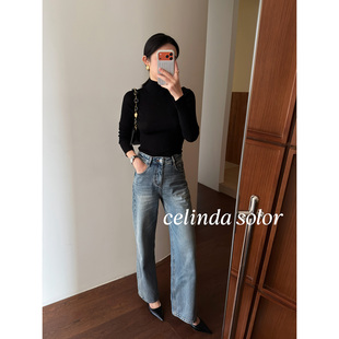 娇阳 裤型正的不得了! blingbling烫钻闪闪 洗水蓝直筒牛仔裤