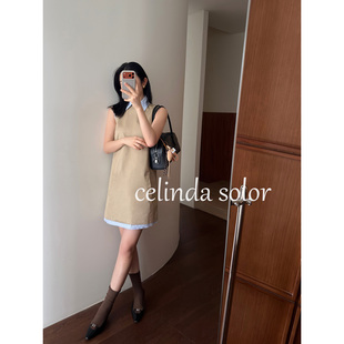 娇阳  财阀千金感 两穿领子可拆 拼条纹假两件卡其无袖背心连衣裙