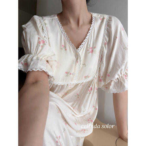娇阳  又仙又美  柔软垂顺透气天丝棉韩系碎花拼蕾丝家居服睡裙