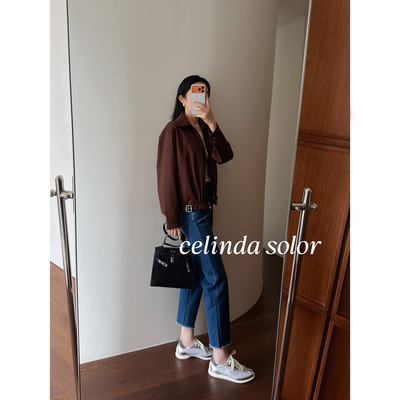 娇阳  陈*都灵同款 知识份子精英感 棕咖色拼皮真丝棉夹克外套