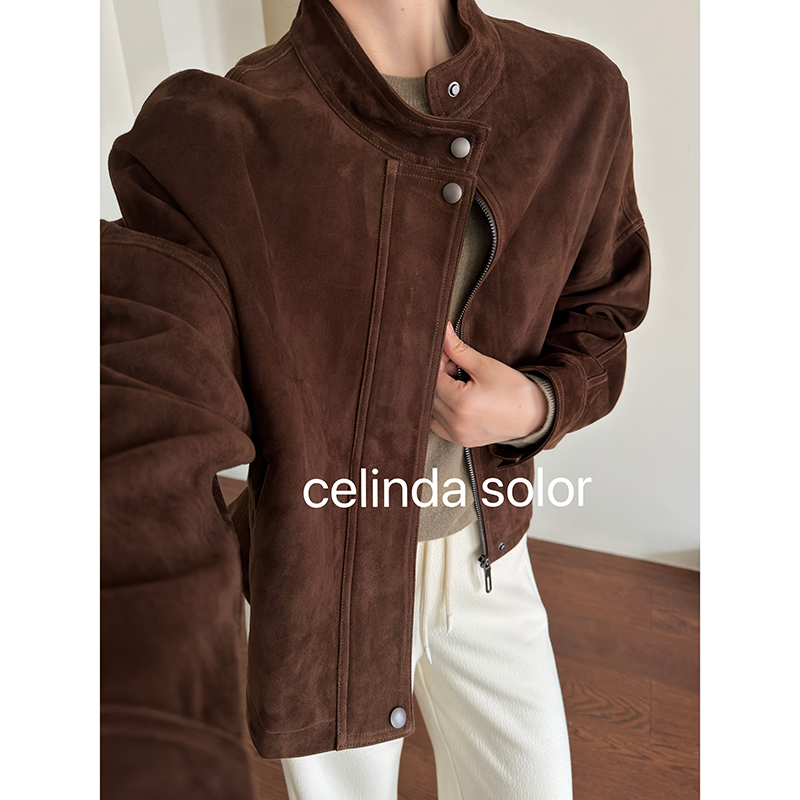 娇阳  爆好看！很有味道的咖色！绸缎段触感  羊皮反绒皮衣外套