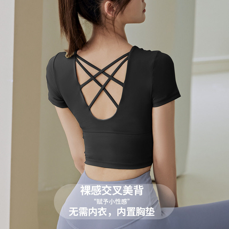 交叉显瘦女训练夏短袖2024夏季新款露脐带胸垫速干跑步紧身衣透气