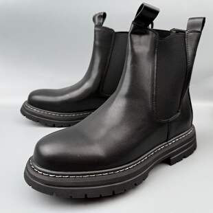 英伦风厚底切尔西靴男士真皮短靴黑色松紧口潮男烟筒靴牛皮撤柜鞋
