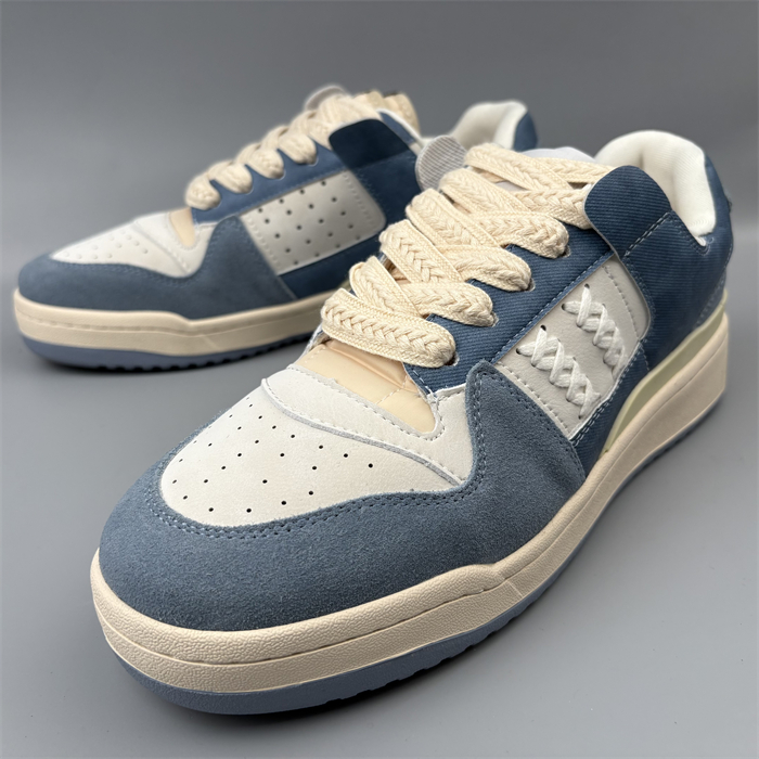 复古蓝白拼色真皮板鞋