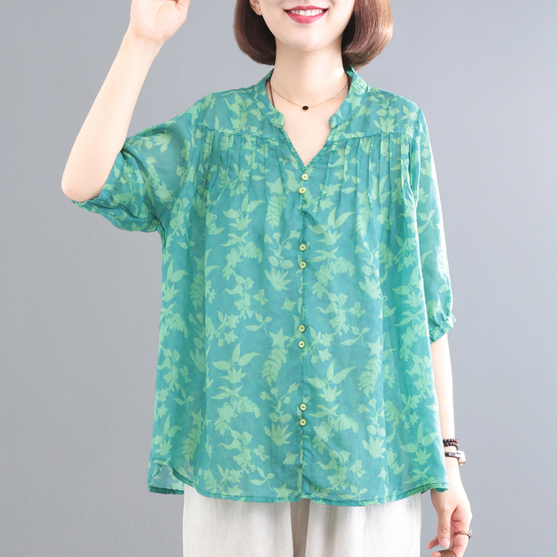 孔雀飞飞文艺印花纽扣压褶遮肉显瘦复古苎麻上衣棉麻t恤女夏薄款