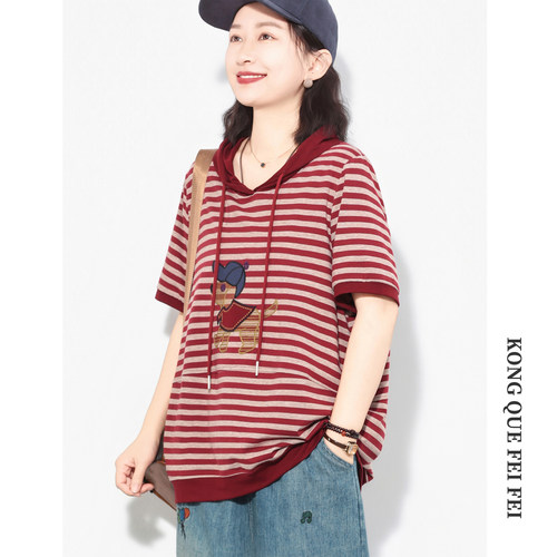夏季连帽印花条纹T恤女