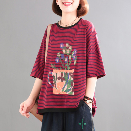 夏季大码遮肉孔雀印花T恤女