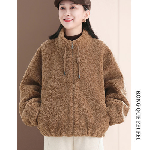 孔雀飞飞冬装韩版大码遮肉减龄复古休闲时髦抓绒外套女2025新款