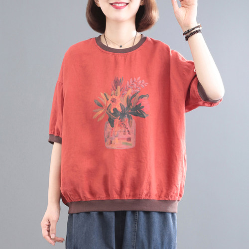 孔雀飞飞棉麻印花休闲T恤
