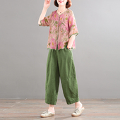 新款 韩版 大码 孔雀飞飞2025夏装 遮肉绣花两件套棉麻亚麻女高端套装