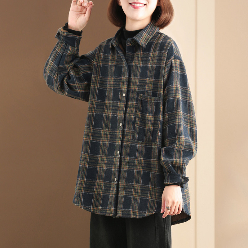 孔雀飞飞 原创设计 冬装韩版大码遮肉复古加绒格子衬衫女2024新款,女装/女士精品,衬衫,淘宝优惠券,粉丝福利购,淘宝优惠卷