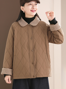 孔雀飞飞2025冬装新款韩版大码遮肉复古女菱形格毛领休闲保暖棉衣