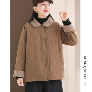 大码 韩版 遮肉复古女菱形格毛领休闲保暖棉衣 新款 孔雀飞飞2025冬装